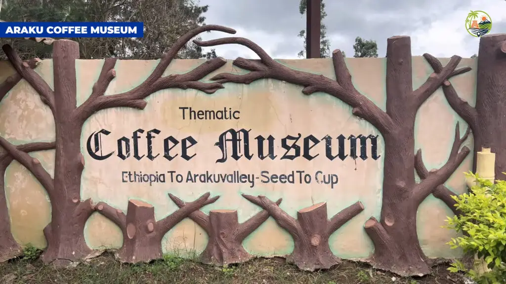 Inside Araku Coffee Museum with antique roaster and tasting counter,