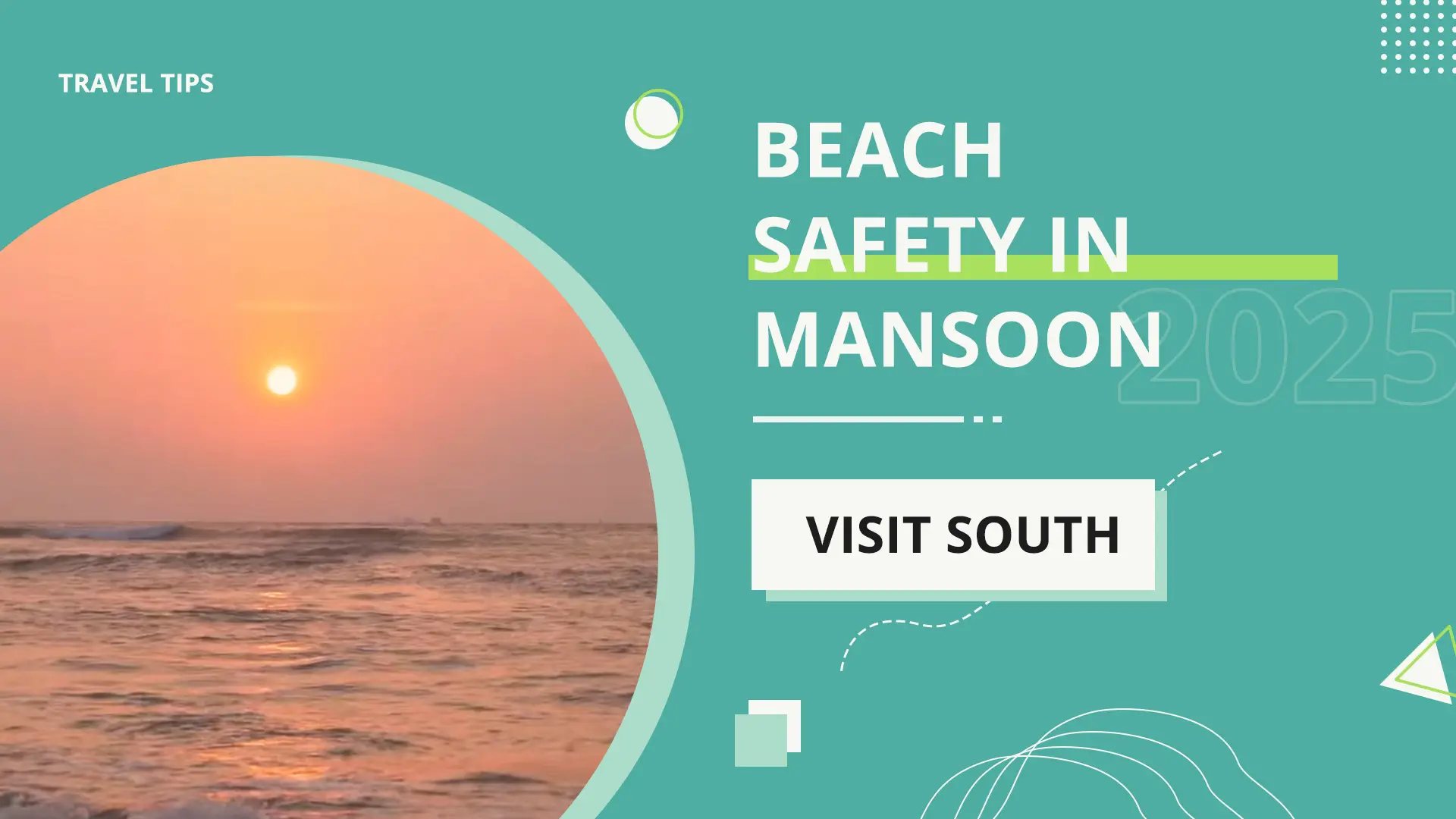 Red and yellow flags marking a patrolled swim zone on a Kerala beach during monsoon with dark clouds offshore.
