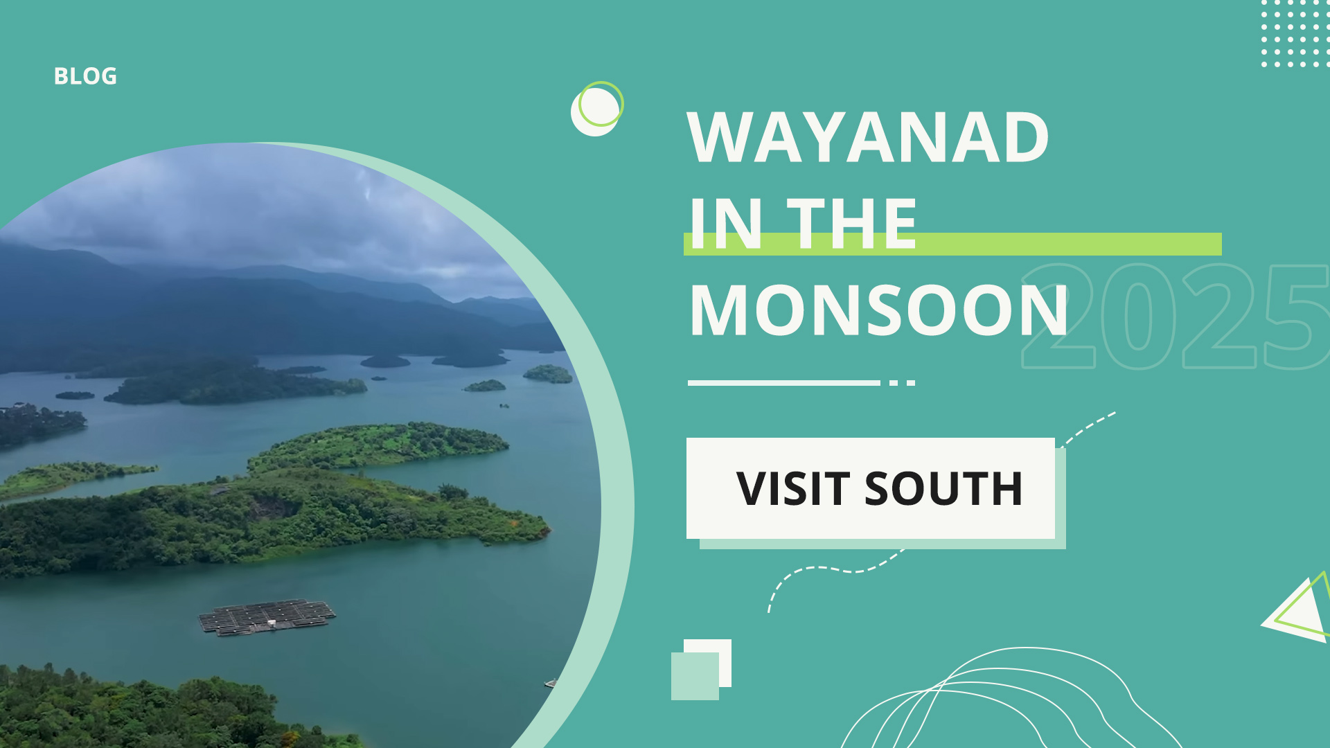 Misty tea‑estate slopes in Wayanad during monsoon with low clouds and rain‑wet roads.